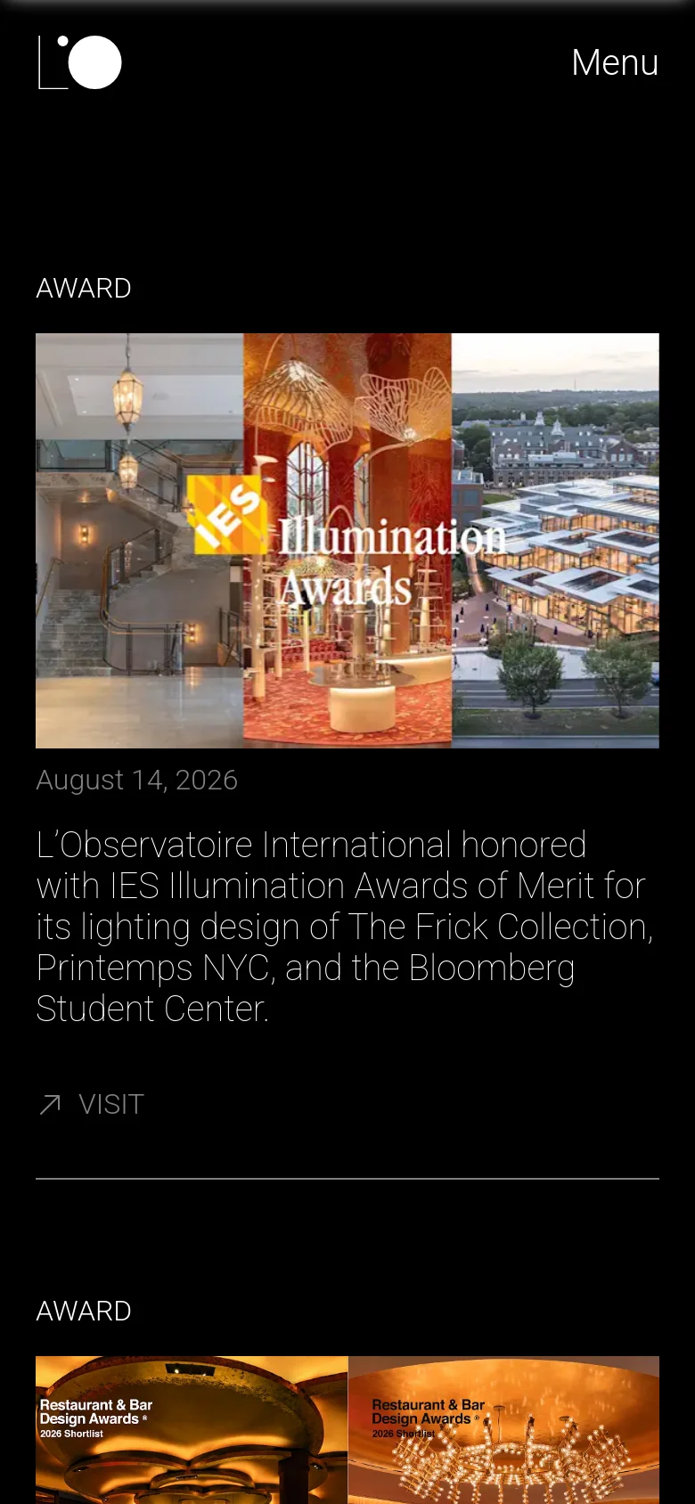 The mobile version maintains the dark theme but uses a simplified layout. The top navigation is condensed into a 'Menu' button, and the news entries are stacked vertically with large images followed by text content to fit the narrow screen width.
