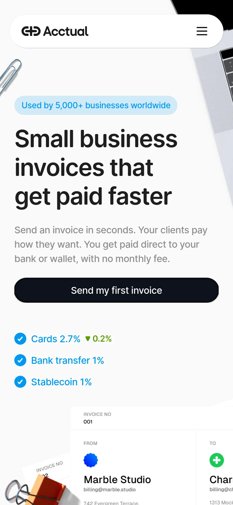 The mobile version presents a vertically stacked layout with the same headline and dark call-to-action button, optimized for a narrow screen. The top navigation is condensed into a hamburger menu next to the Acctual logo, and the pricing information and invoice preview are scaled down to fit the mobile viewport.