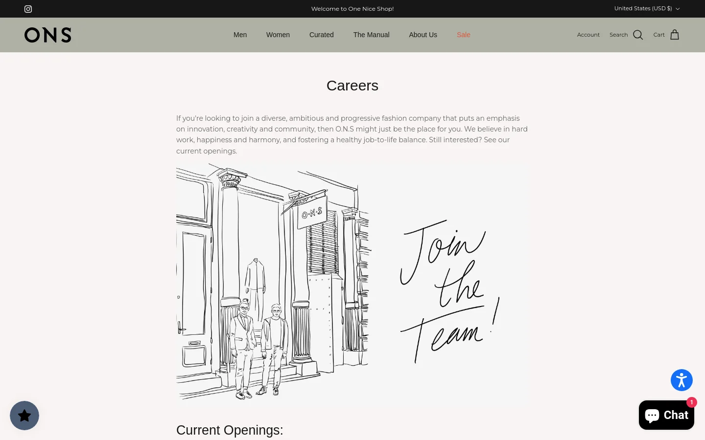 The desktop Careers page features a minimalist white background with a centered headline and introductory text. Below the text is a large, black-and-white line drawing of a storefront with the handwritten words 'Join the team!' and a 'Current Openings:' heading at the bottom. The navigation bar at the top includes links for Men, Women, Curated, The Manual, About Us, and Sale, alongside account and cart icons.