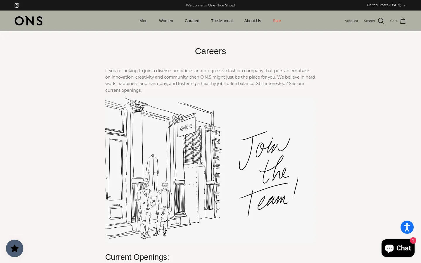 The desktop Careers page features a minimalist white background with a centered headline and introductory text. Below the text is a large, black-and-white line drawing of a storefront with the handwritten words 'Join the team!' and a 'Current Openings:' heading at the bottom. The navigation bar at the top includes links for Men, Women, Curated, The Manual, About Us, and Sale, alongside account and cart icons.