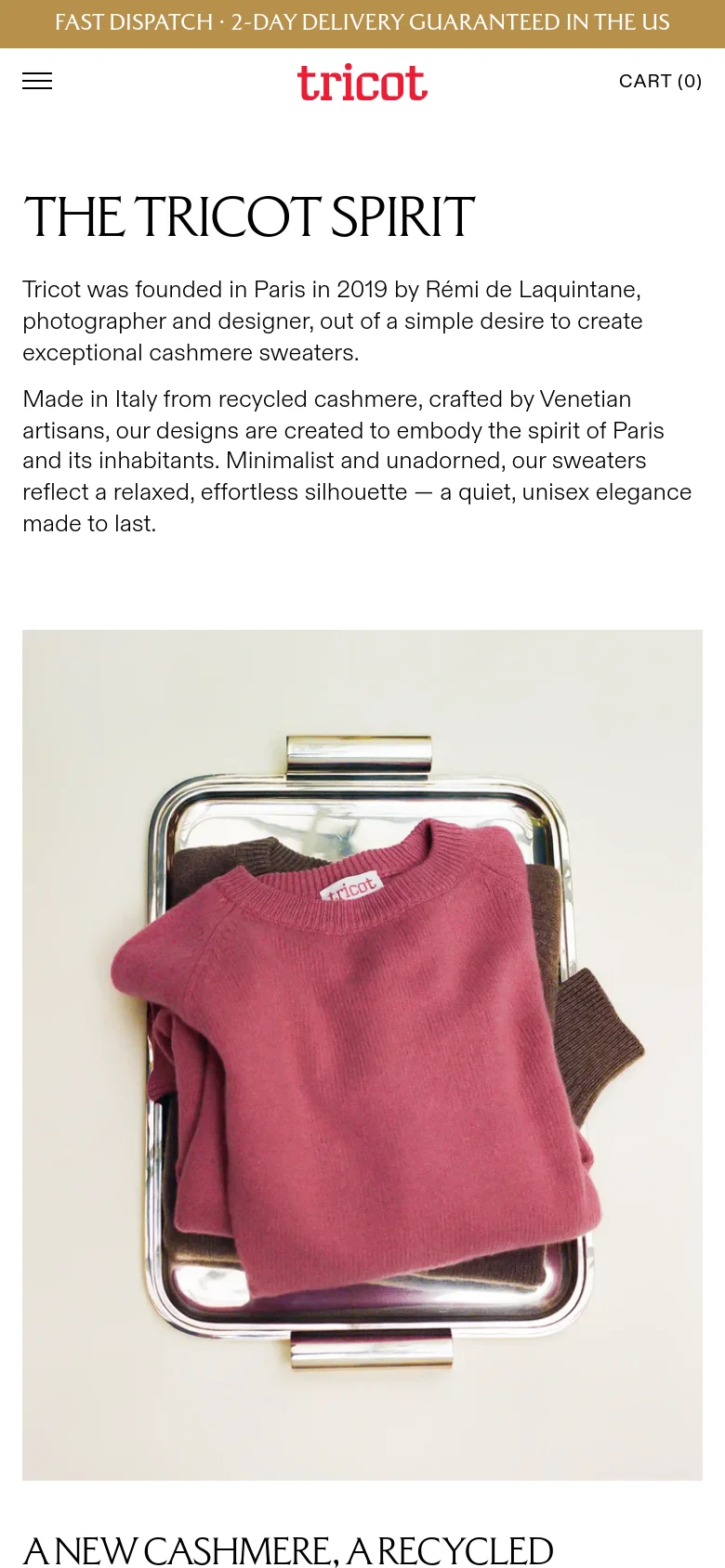 The mobile version uses a single-column vertical layout, stacking the text above a large centered image of a pink sweater on a silver tray. The navigation is condensed, and the text is centered to fit the narrower screen width, maintaining the clean, minimalist aesthetic.