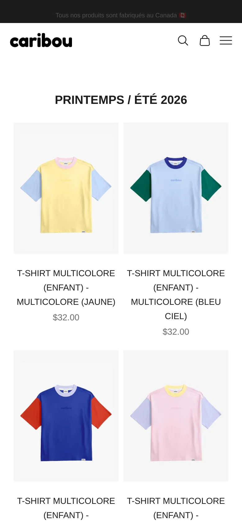 The mobile version presents the same collection with a simplified header containing the Caribou logo, a search icon, a shopping bag, and a hamburger menu icon. The product grid shifts to a single or double column layout, focusing on large images of the multicolored t-shirts with their titles and prices listed directly underneath.