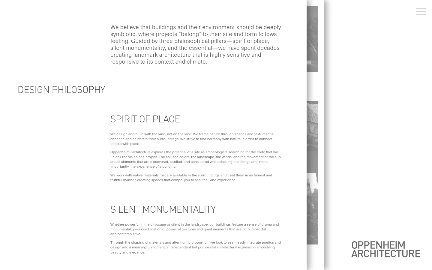 The desktop page features a minimalist design with a white background and dark grey text. A large headline reads 'DESIGN PHILOSOPHY' followed by an introductory paragraph, with subsequent sections titled 'SPIRIT OF PLACE' and 'SILENT MONUMENTALITY' that detail the firm's architectural principles. Large, high-quality architectural photographs are partially visible on the right side of the layout.