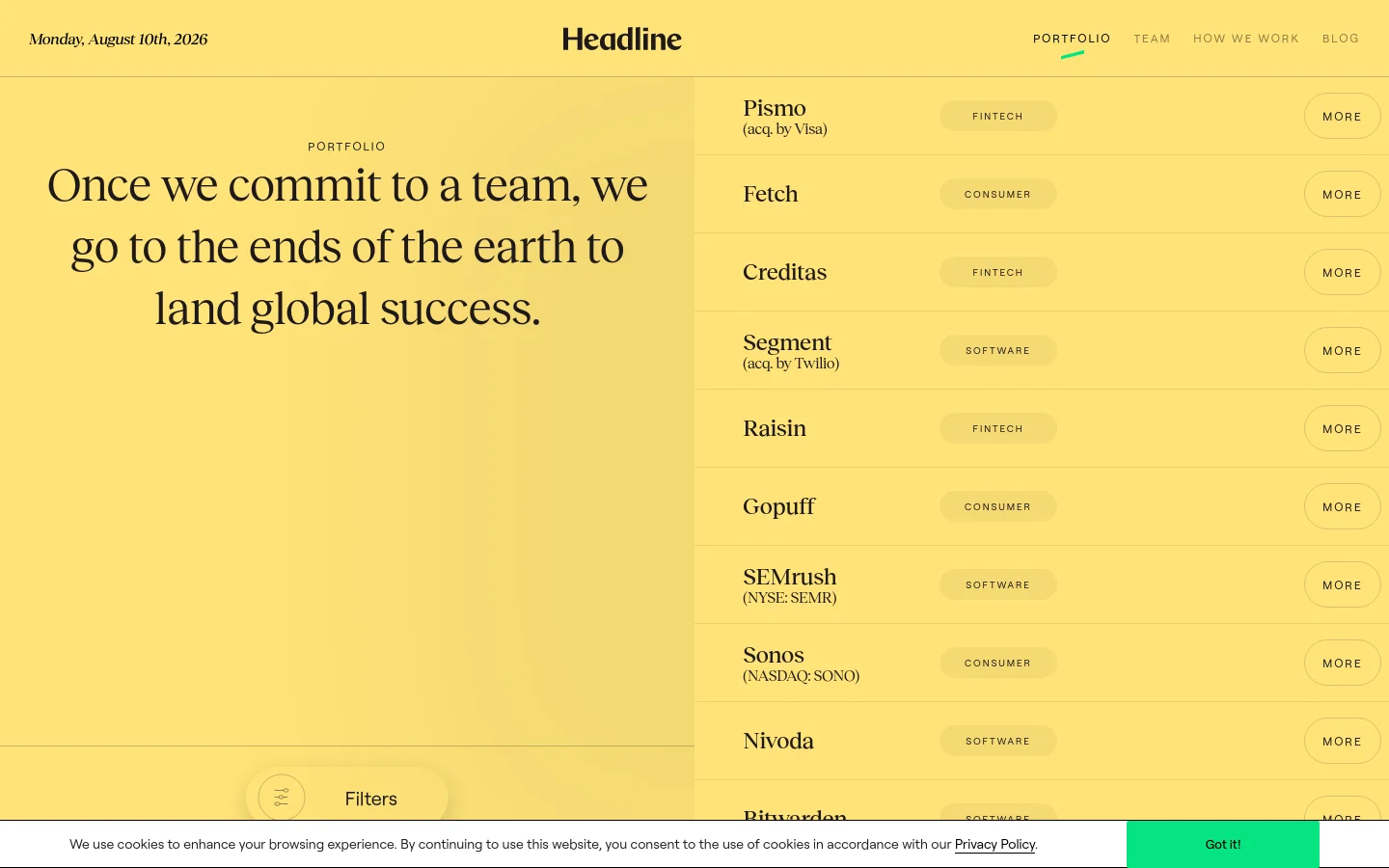 The desktop portfolio page features a split-screen layout with a large yellow hero section on the left containing the headline 'Once we commit to a team, we go to the ends of the earth to land global success.' The right side displays a vertical list of portfolio companies, each with its name, sector tag, and a 'MORE' button. A navigation bar at the top includes the Headline logo and links for Portfolio, Team, How We Work, and Blog.