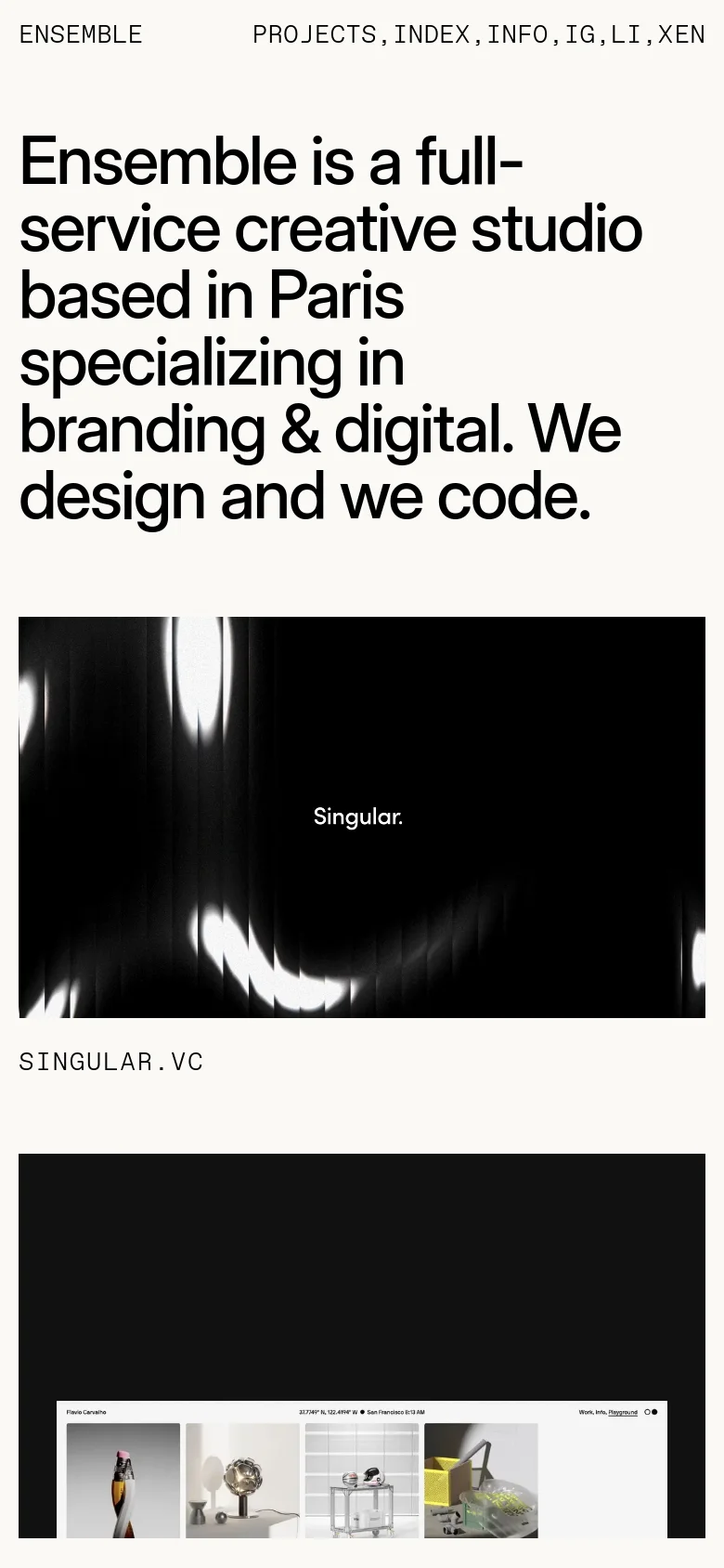 The mobile version presents a vertically stacked layout with the large headline at the top, followed by large, full-width project images. The navigation menu is simplified, and the content focuses on a single-column scroll of high-impact visual imagery and project titles.