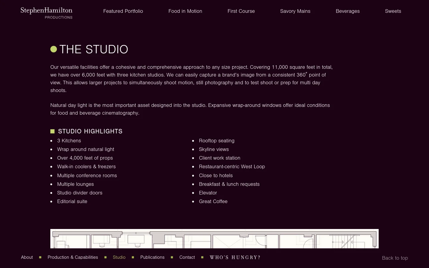 The desktop page features a dark theme with white and gold text. A large headline reads 'THE STUDIO' next to a gold circle, followed by descriptive paragraphs and a two-column bulleted list of studio highlights. The bottom of the page includes a wide, stylized architectural line drawing and a navigation footer.