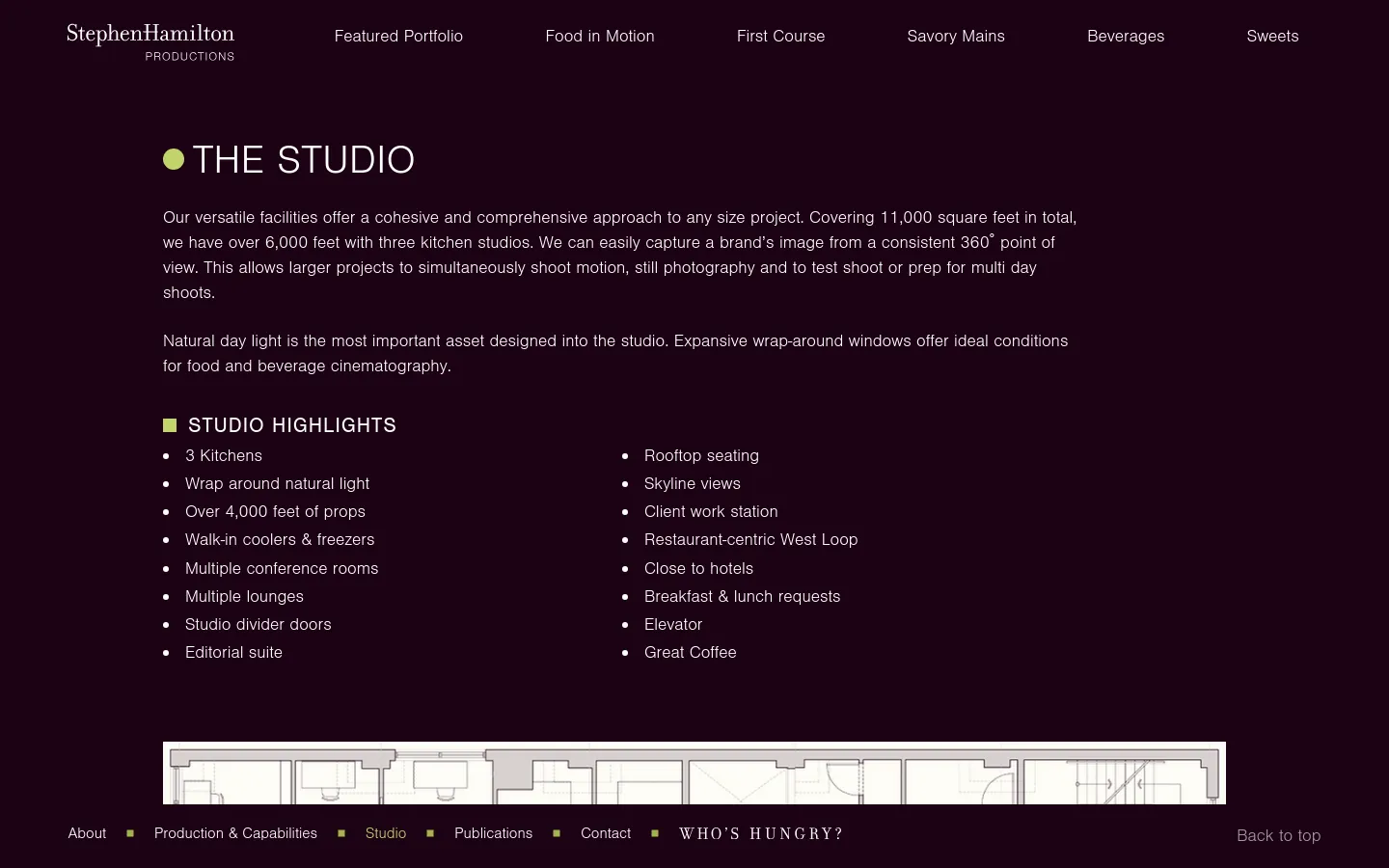 The desktop page features a dark theme with white and gold text. A large headline reads 'THE STUDIO' next to a gold circle, followed by descriptive paragraphs and a two-column bulleted list of studio highlights. The bottom of the page includes a wide, stylized architectural line drawing and a navigation footer.