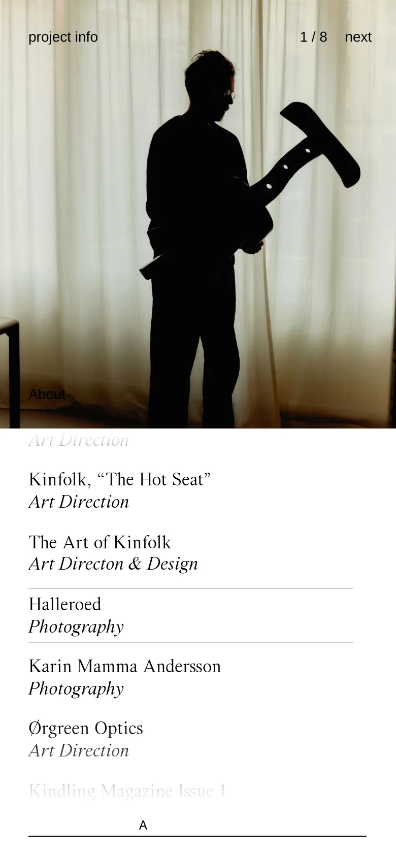 The mobile version presents a vertically stacked layout where the silhouette image occupies the top half of the screen. Below the image, the project titles and categories are listed in a single column, maintaining the minimalist aesthetic and light color palette of the desktop version.