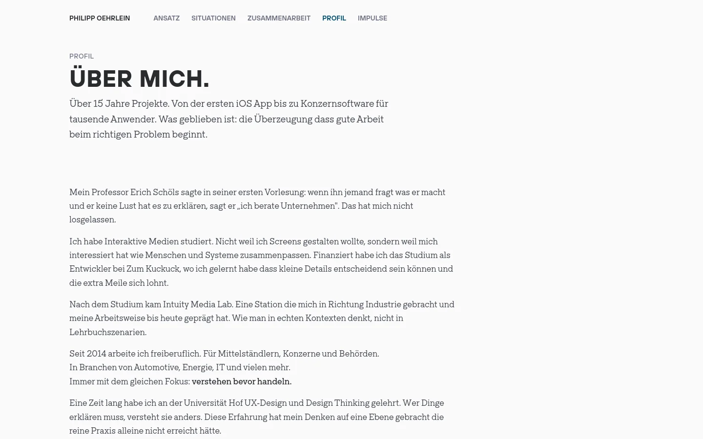 A minimalist personal profile page with a clean white background and dark gray text. The layout features a top navigation bar with links like 'Ansatz' and 'Profil', a large bold headline 'ÜBER MICH.', and several paragraphs of biographical text. A single text-based call to action link '→Austausch' is located at the bottom.