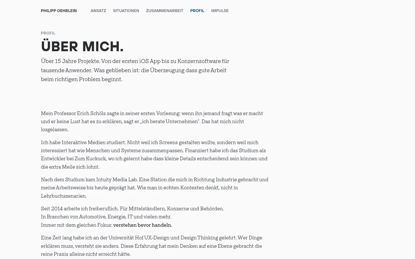 A minimalist personal profile page with a clean white background and dark gray text. The layout features a top navigation bar with links like 'Ansatz' and 'Profil', a large bold headline 'ÜBER MICH.', and several paragraphs of biographical text. A single text-based call to action link '→Austausch' is located at the bottom.