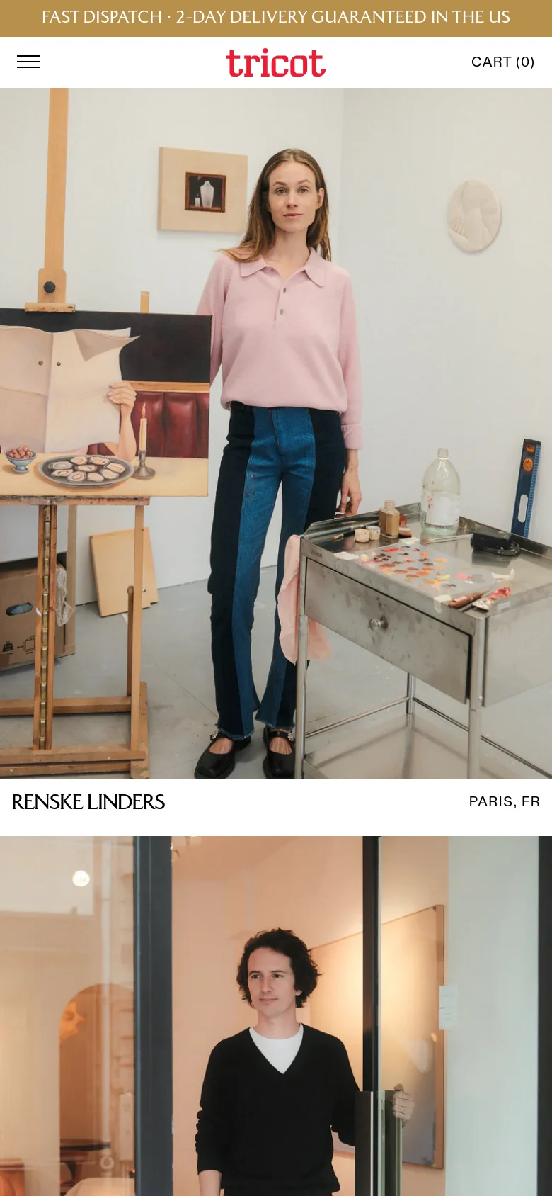 The mobile version of the 'Tricot Stories' page maintains the clean, white aesthetic but transitions the grid into a single-column vertical scroll. The large portrait images and text links for each artist are stacked vertically for easier scrolling on a smaller screen.