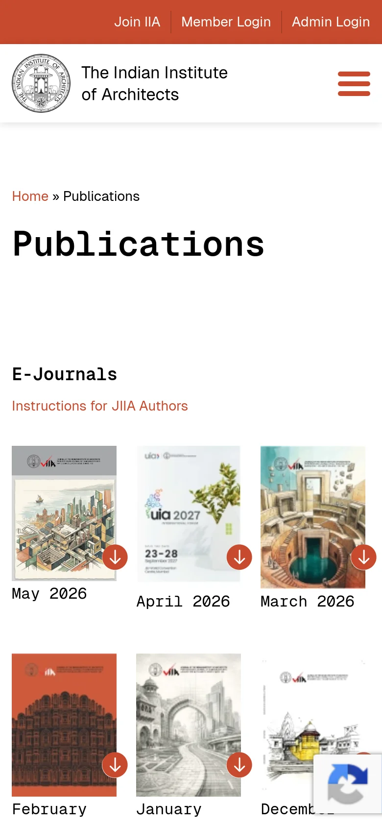 The mobile version simplifies the layout into a single column, with the navigation menu collapsed into a hamburger icon. The 'Publications' heading and 'E-Journals' section remain, but the journal covers are stacked vertically or in a tighter grid to fit the narrow screen. A bottom navigation bar provides quick access to Join IIA, Member Login, and Admin Login.