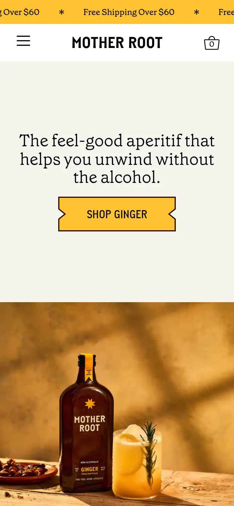 The mobile version uses a stacked layout where the headline, 'Shop Ginger' button, and product imagery appear vertically. The top navigation is condensed into a hamburger menu icon next to the brand logo, and the yellow benefit banner spans the width of the screen.