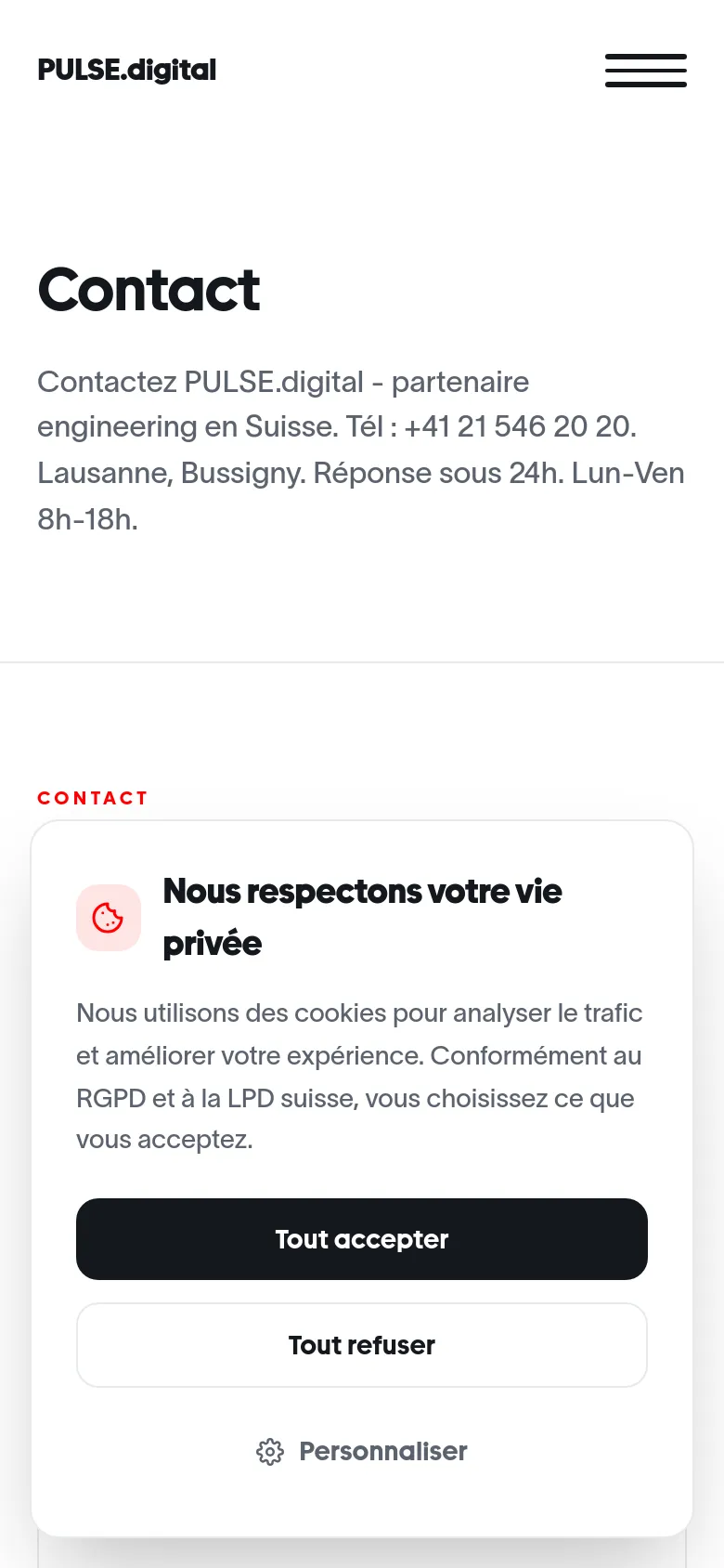 The mobile version presents a vertically stacked layout, starting with the 'Contact' heading and introductory text. The navigation is condensed into a hamburger menu, and the office information and cookie consent modal are scaled to fit the narrow screen width.
