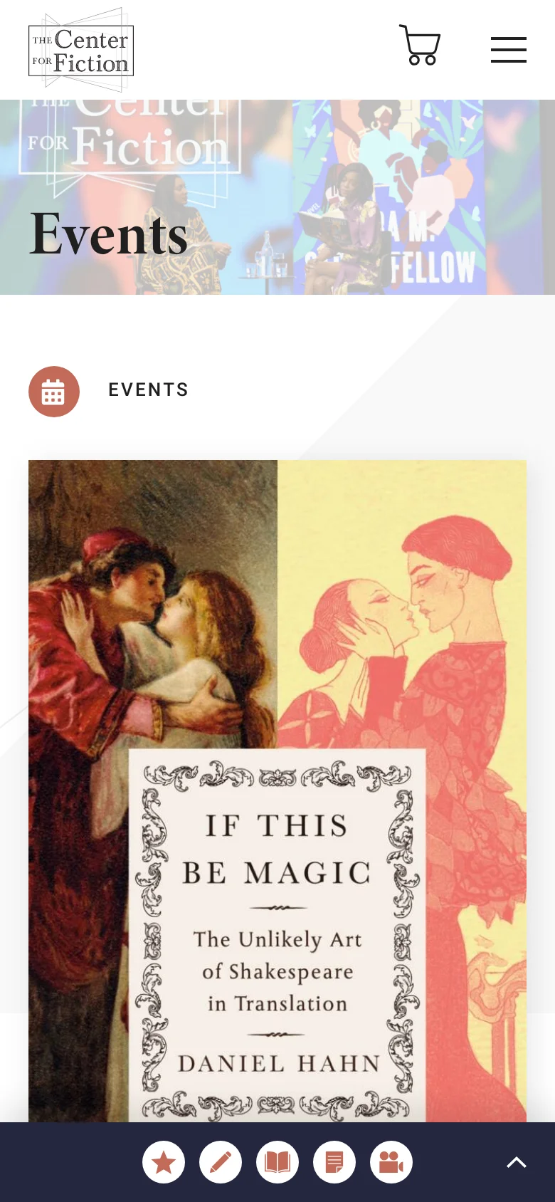 The mobile version simplifies the layout, replacing the horizontal navigation menu with a hamburger icon and a shopping cart icon in the header. The hero section remains prominent with the 'Events' title over a colorful background, but the content below transitions to a single-column vertical stack of event listings, each featuring a large image, title, and date.