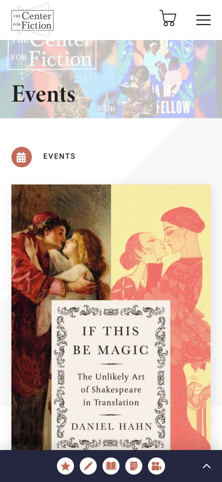 The mobile version simplifies the layout, replacing the horizontal navigation menu with a hamburger icon and a shopping cart icon in the header. The hero section remains prominent with the 'Events' title over a colorful background, but the content below transitions to a single-column vertical stack of event listings, each featuring a large image, title, and date.