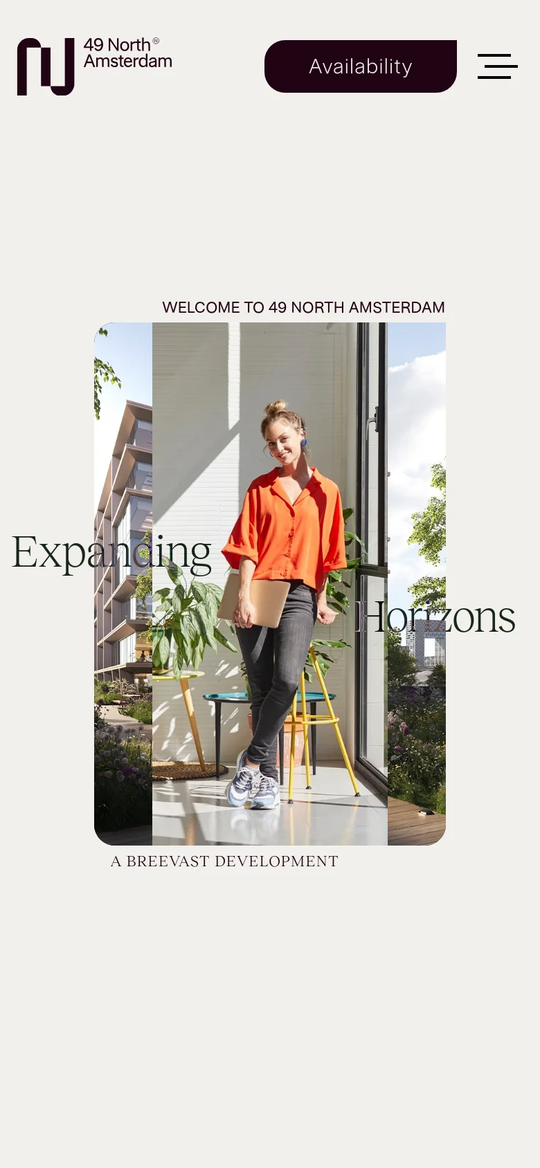 The mobile version presents a vertically stacked layout where the hero image of the woman in the orange shirt occupies the center of the screen. The 'Expanding Horizons' text is scaled down and centered, while the navigation menu and 'Availability' button are condensed at the top for easier mobile access.