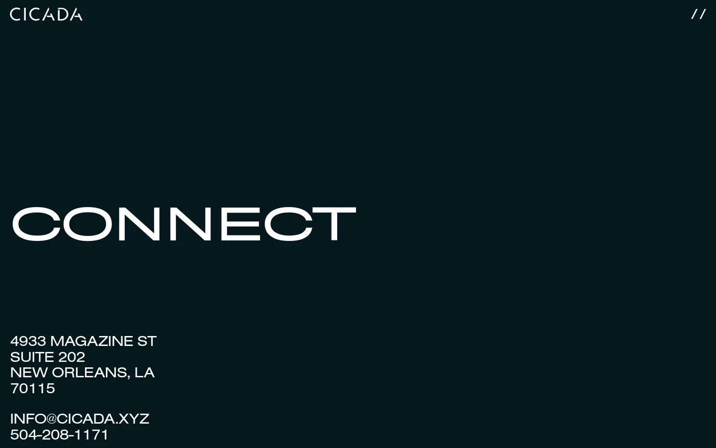 The desktop page features a minimalist dark navy background with white text. The word 'CONNECT' is displayed in large, bold capital letters in the center, with the company logo 'CICADA' in the top left and contact information including an address, email, and phone number in the bottom left.