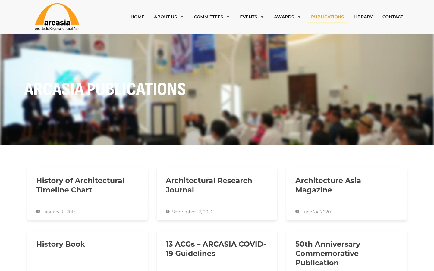 The desktop version features a white header with the ARCASIA logo and a horizontal navigation menu. Below, a large hero image shows a blurred crowd in a hall with the headline 'ARCASIA PUBLICATIONS' in bold white text, followed by a grid of white publication cards containing titles and dates.