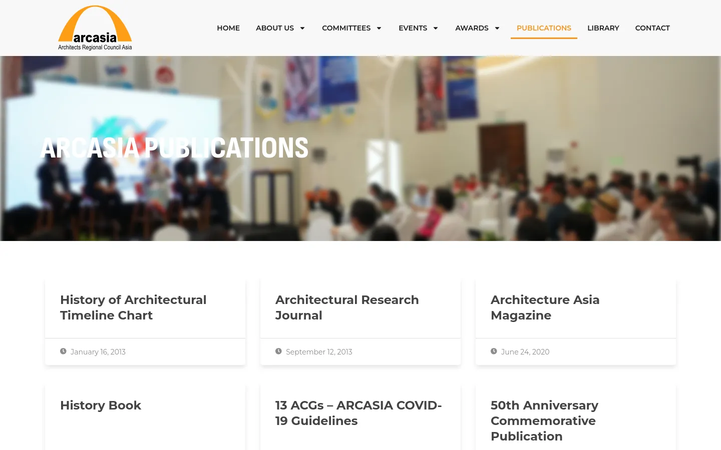The desktop version features a white header with the ARCASIA logo and a horizontal navigation menu. Below, a large hero image shows a blurred crowd in a hall with the headline 'ARCASIA PUBLICATIONS' in bold white text, followed by a grid of white publication cards containing titles and dates.