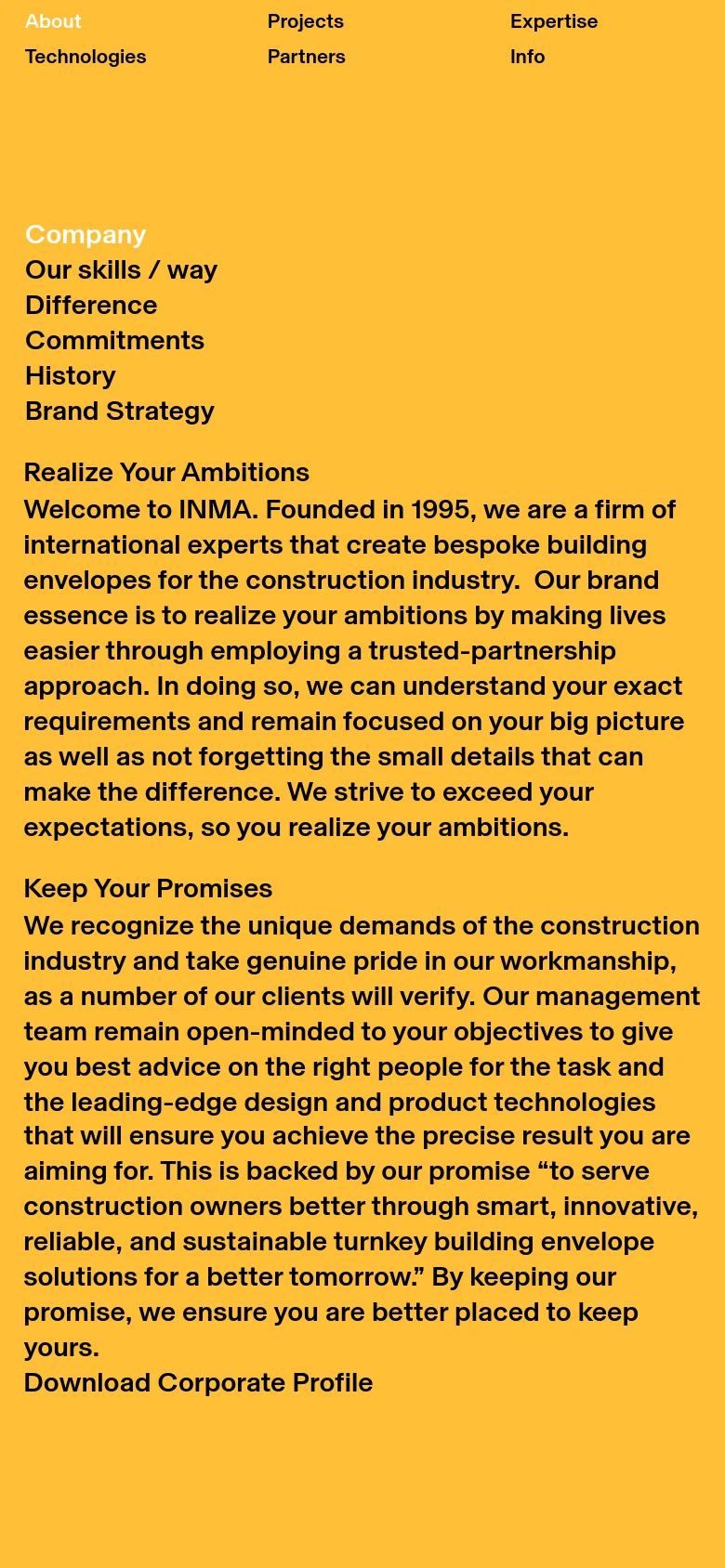 The mobile version maintains the bright yellow and black color scheme but uses a single-column vertical layout for easier scrolling. Navigation links are stacked, and the text sections for 'Realize Your Ambitions' and 'Keep Your Promises' are condensed into a continuous vertical flow. The large 'INMA' logo remains a prominent element at the bottom.