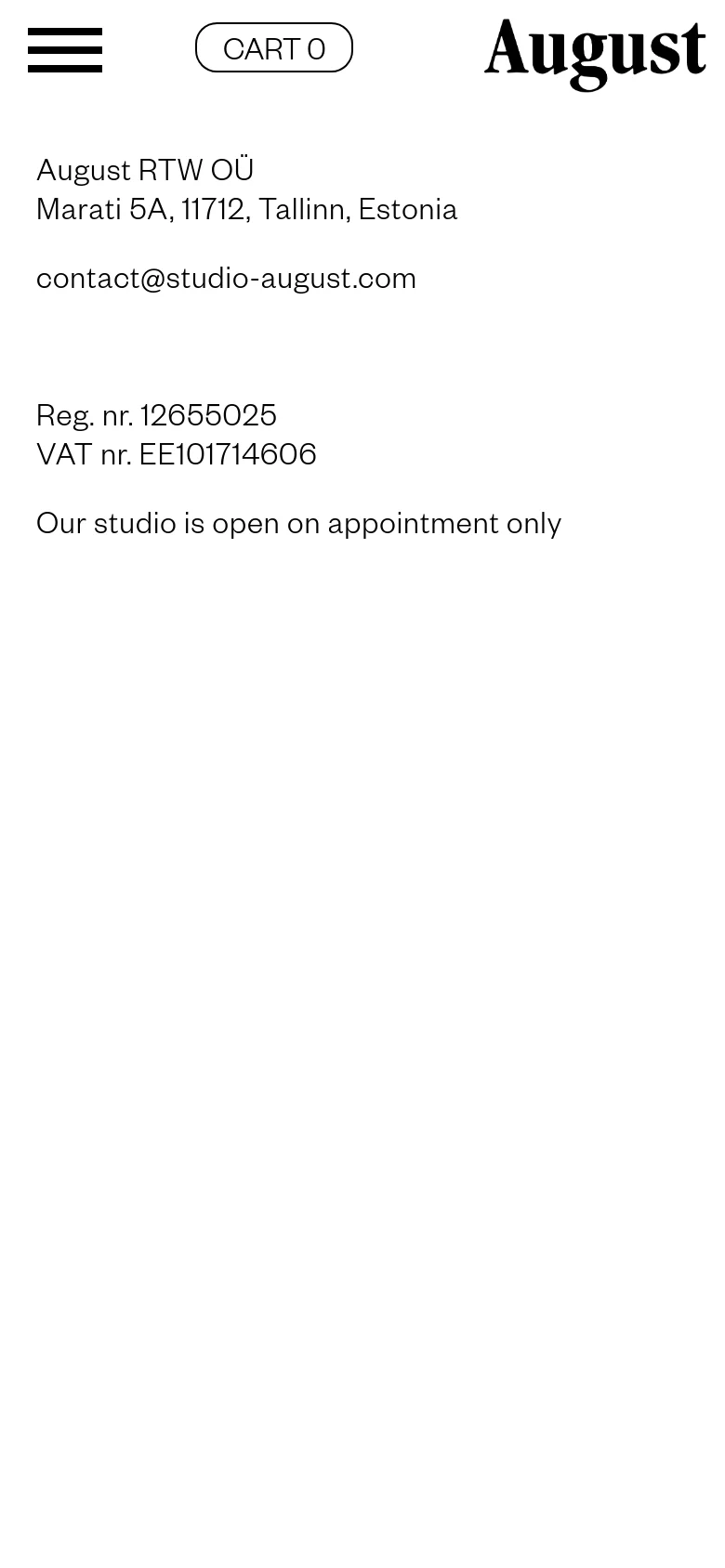 The mobile version simplifies the layout, replacing the vertical sidebar with a hamburger menu icon on the top left. The 'August' logo, 'CART 0' button, and contact information are stacked vertically in a single column, maintaining the clean, high-contrast aesthetic.