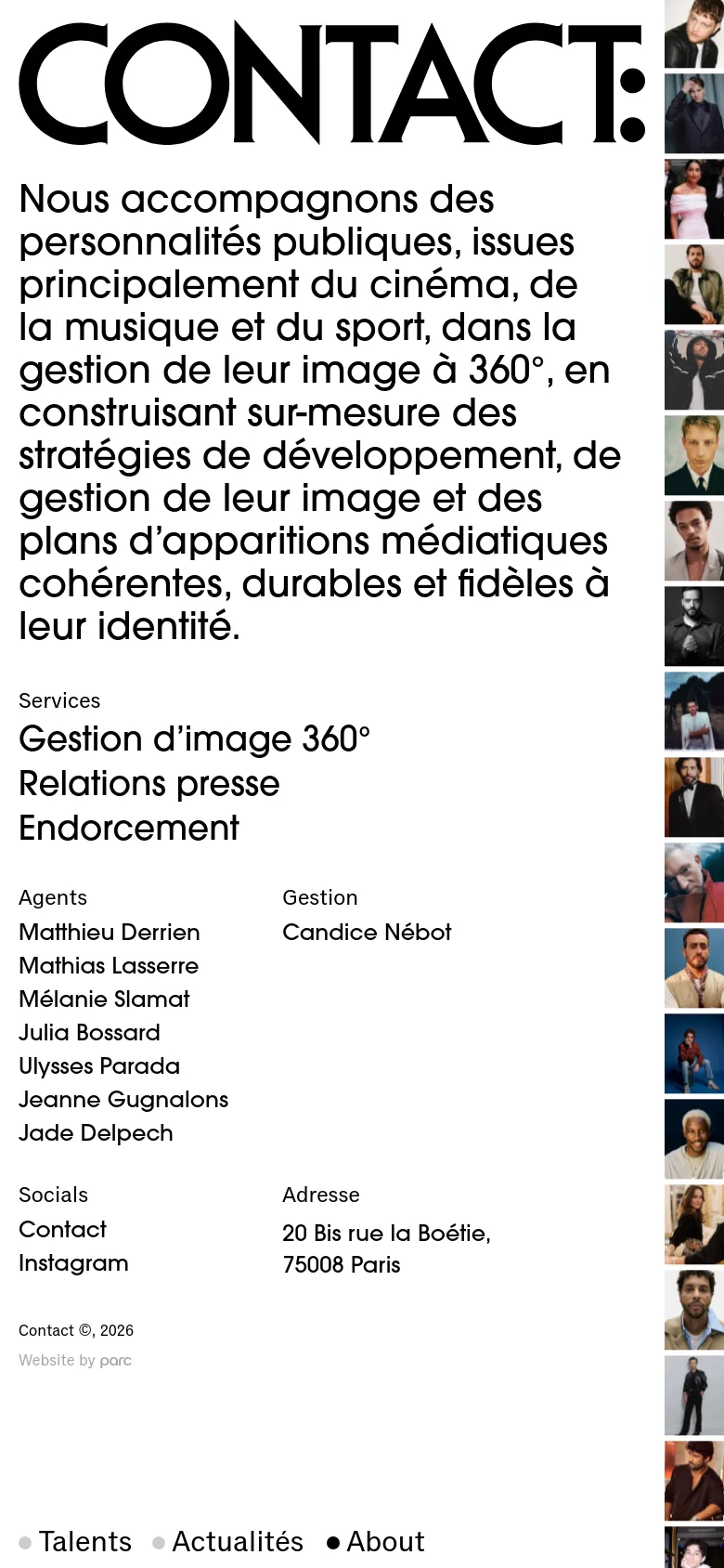 The mobile version presents a single-column layout with the large 'CONTACT:' logo at the top, followed by the agency's mission statement in large text. The talent portraits are moved to a vertical sidebar on the right, and the services, agents, and contact details are stacked vertically for easier scrolling.