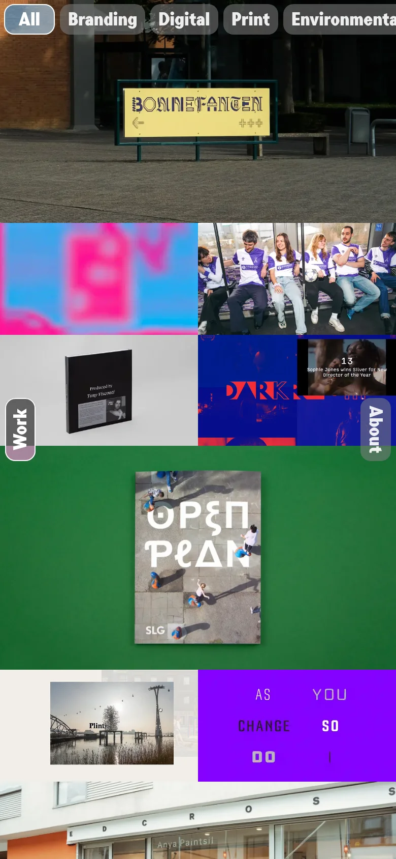 The mobile version maintains the minimalist aesthetic but rearranges the content into a single-column vertical scroll. The navigation filters are prominently displayed at the top, and the project images are stacked vertically to fit the narrow screen, making the visual portfolio the primary focus.