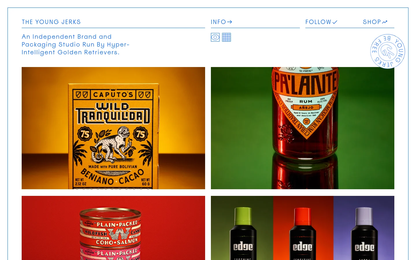The desktop homepage for The Young Jerks features a minimalist white background with blue text. The layout includes a header with navigation links like 'INFO', 'FOLLOW', and 'SHOP', followed by a large headline describing the studio. Below, a grid displays colorful project thumbnails, such as 'Caputo's Wild Tranquilda' and 'Palante', showcasing various brand and packaging designs.