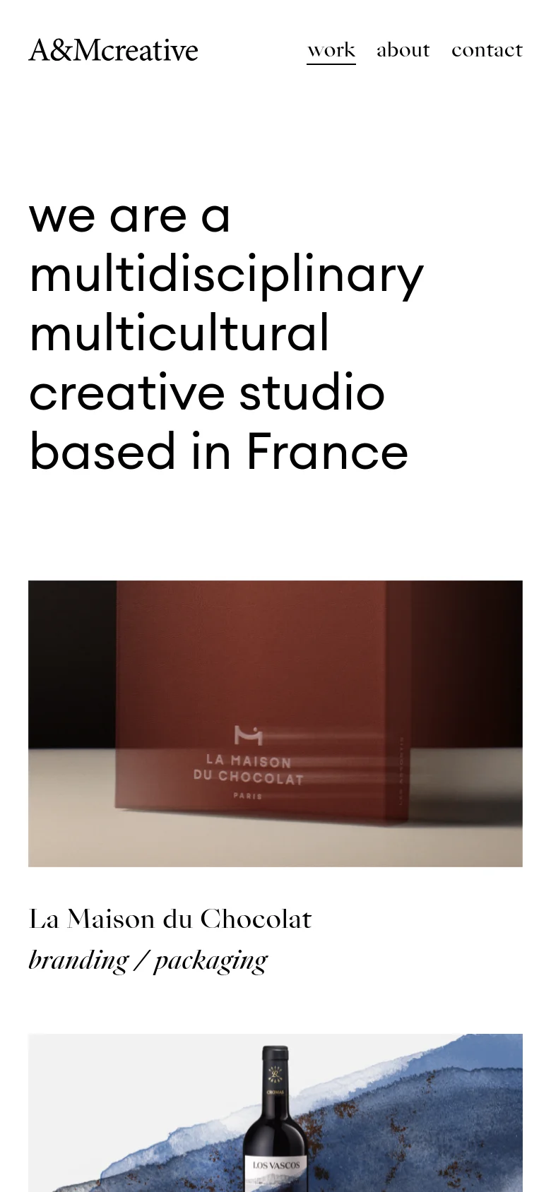 The mobile version maintains the minimalist white aesthetic and large black headline, but the layout is vertically stacked for a single-column view. The navigation menu is condensed, and the project images and text descriptions appear in a vertical scroll, prioritizing large-scale visual impact on a smaller screen.