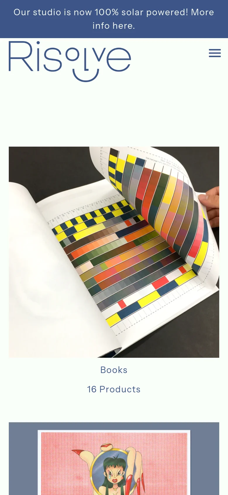 The mobile version displays a simplified layout with a hamburger menu icon and the Risolve logo at the top. The product collections are stacked vertically in a single column, showing large images for 'Books', 'Prints', and 'Riso Color Profiles' with their respective product counts listed below each image.