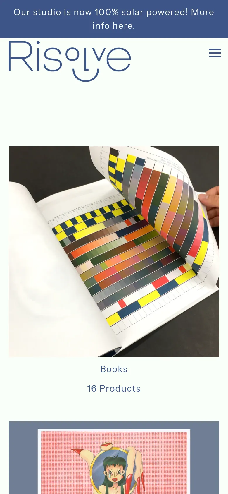 The mobile version displays a simplified layout with a hamburger menu icon and the Risolve logo at the top. The product collections are stacked vertically in a single column, showing large images for 'Books', 'Prints', and 'Riso Color Profiles' with their respective product counts listed below each image.