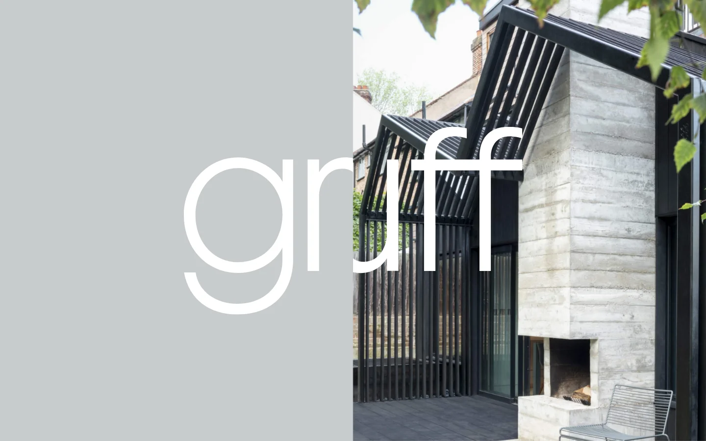 The desktop homepage features a minimalist design with a large, split-screen hero section. On the left, a solid light gray background displays the word 'gruff' in large, white lowercase typography, while the right side shows a high-quality photograph of a modern concrete and black timber architectural structure. The layout is clean and spacious, emphasizing architectural photography and brand identity.