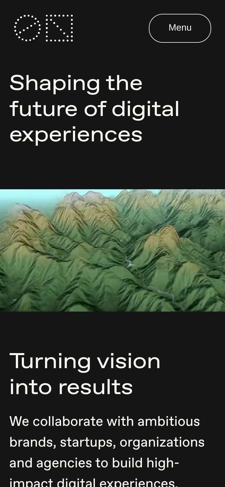 The mobile version simplifies the layout with a centered logo and a 'Menu' button in the header. The hero headline is stacked vertically, and the content transitions into a single-column scroll, emphasizing large typography and full-width imagery against a dark and light alternating color scheme.