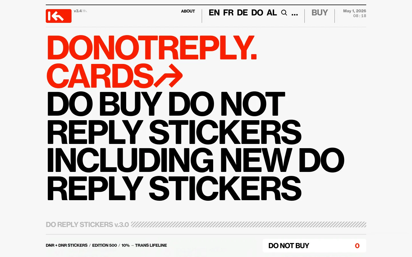 The desktop page features a minimalist, high-contrast design with large red and black typography on a white background. A navigation bar at the top includes links for language selection, About, and Buy, alongside a date and time display. The main content consists of massive headlines promoting sticker sets, followed by a grid of sticker product images and a prominent 'DO NOT BUY' call to action button.