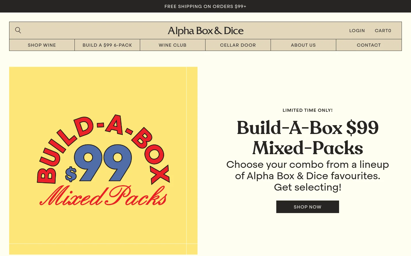 The desktop homepage features a cream and yellow color palette with a large hero section promoting 'Build-A-Box $99 Mixed-Packs' using bold, colorful typography. A top navigation bar includes links for Shop Wine, Build a $99 6-pack, Wine Club, Cellar Door, About Us, and Contact, set against a light beige background. A black announcement bar at the very top advertises free shipping on orders over $99.