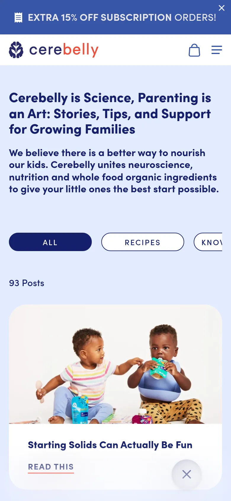 The mobile version uses a vertical layout with the same lavender header and mission statement, but the category buttons are presented in a horizontally scrollable row. The blog posts are stacked vertically, showing one large card at a time with a prominent image of a baby, a headline, and a 'Read this' link. A promotional banner for 'EXTRA 15% OFF SUBSCRIPTION ORDERS!' is pinned to the top of the screen.