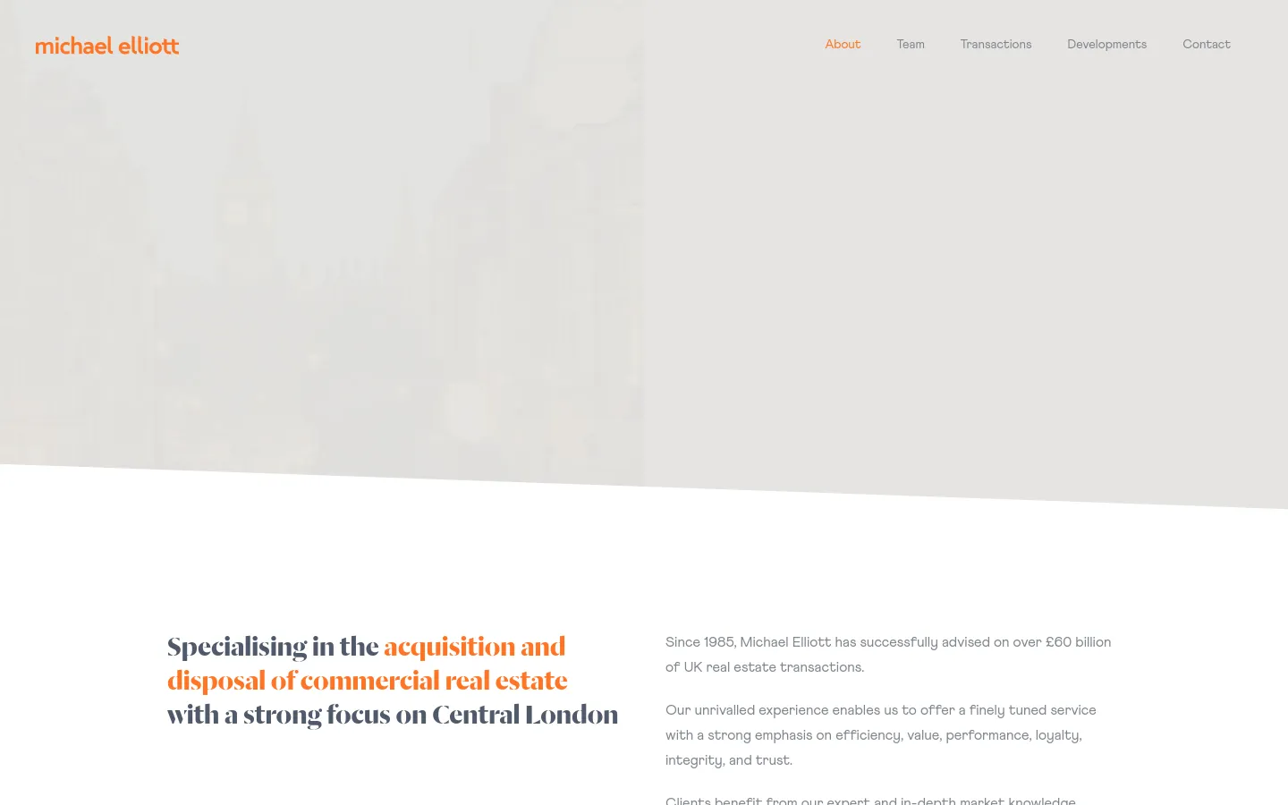 The desktop page features a large hero section with a desaturated cityscape background and the headline 'Detailed knowledge. Intelligent creativity. Uncompromising service. Exceptional performance.' Below, a two-column layout displays a large heading about commercial real estate acquisition on the left and descriptive text on the right. The color palette is professional, using white, grey, and orange accents.
