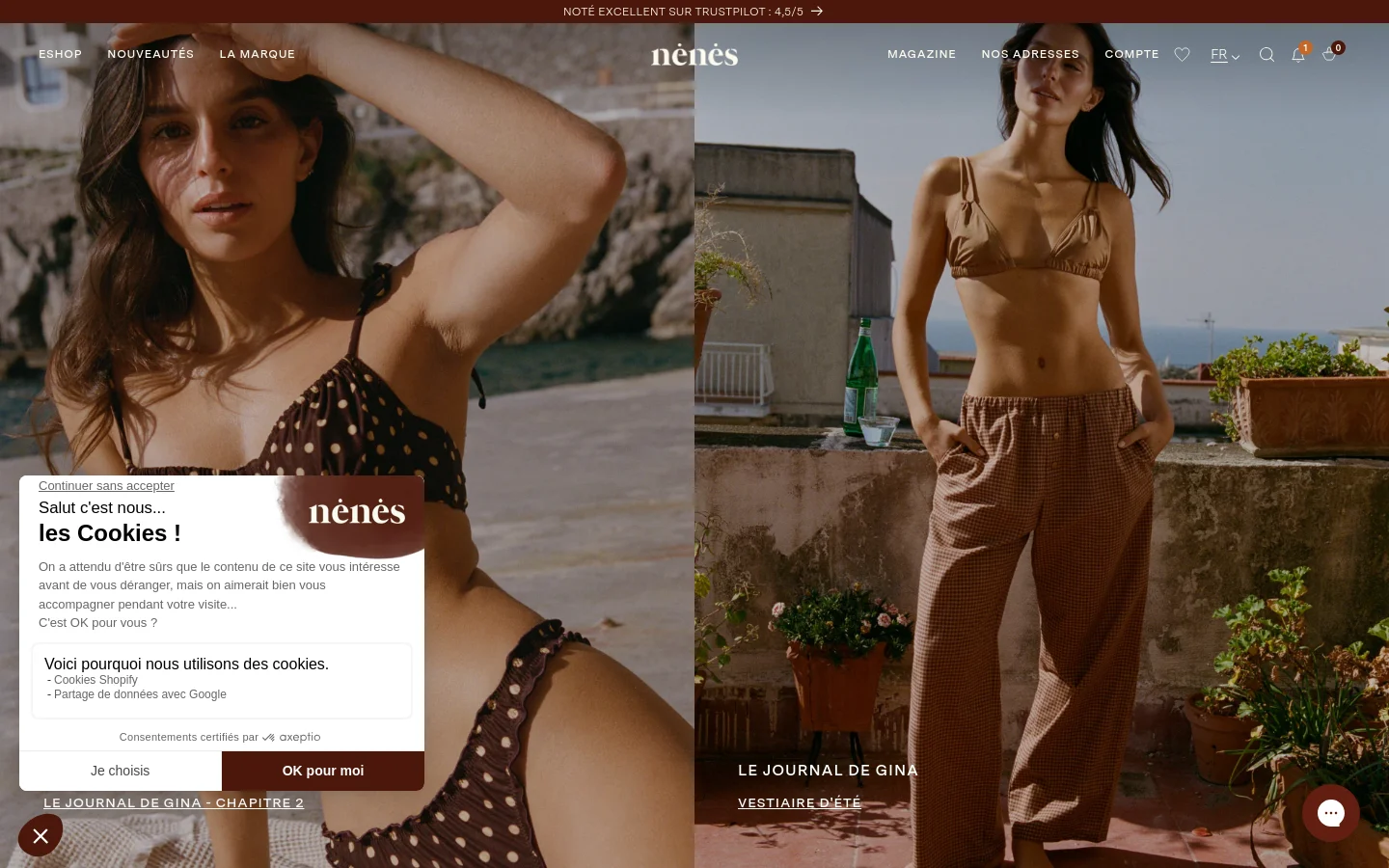 The desktop homepage features a large hero image of a woman in a brown polka-dot bikini set against a coastal background, with the text 'NOUVEAUTÉS BAIN' and 'LE JOURNAL DE GINA - CHAPITRE 2'. A navigation bar at the top includes links for 'ESHOP', 'NOUVEAUTÉS', and 'LA MARQUE', alongside a search icon and shopping cart. A cookie consent pop-up is visible in the lower-left corner over the hero image.