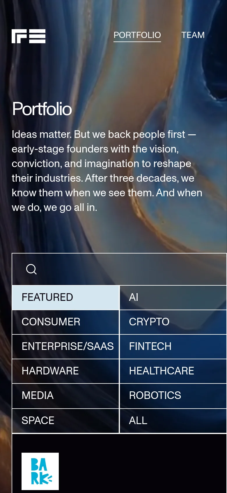 The mobile version presents a simplified vertical layout with the 'Portfolio' headline and mission statement at the top. The filter menu is expanded into a prominent list of full-width buttons including Featured, AI, Consumer, and Enterprise/SaaS, followed by a single-column view of company cards.