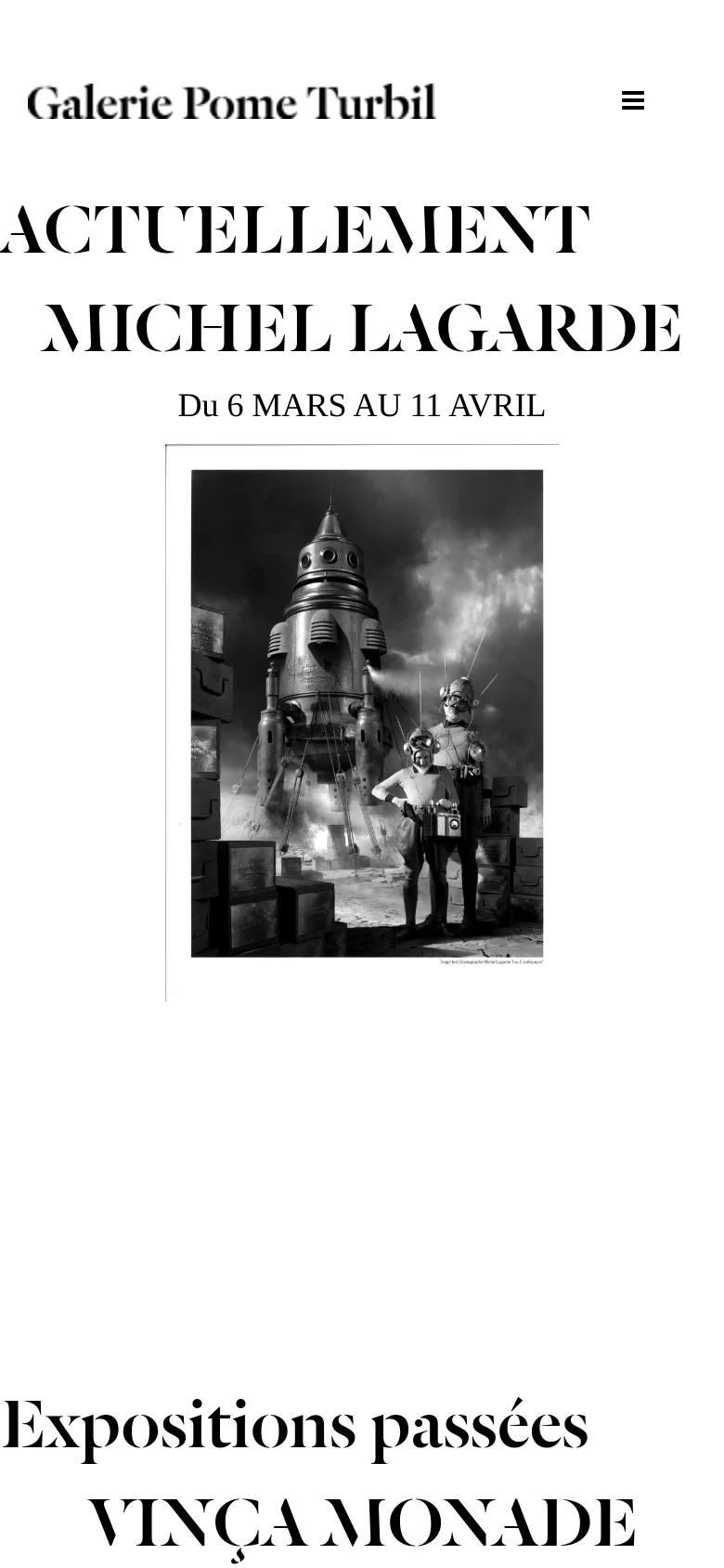 The mobile version simplifies the layout by moving the navigation menu into a hamburger icon at the top right. The content remains centered and vertically stacked, focusing on the current exhibition title, dates, and a large featured black and white artwork.