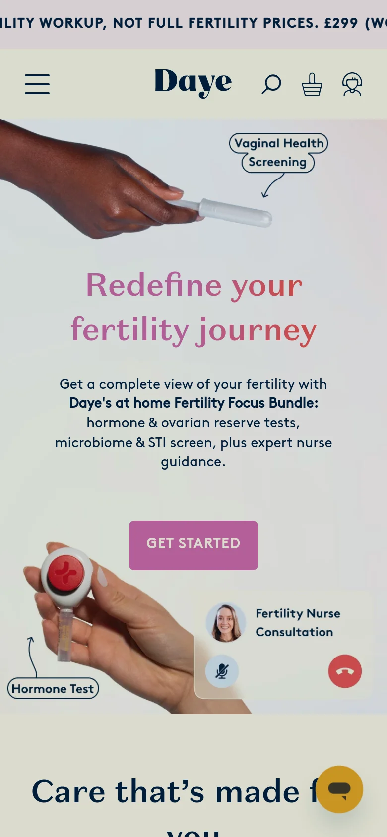 The mobile version presents a vertically stacked layout with a condensed hamburger menu and the Daye logo at the top. The hero section features the same 'Redefine your fertility journey' headline and 'GET STARTED' button, but the imagery of the hands and medical devices is repositioned to fit the narrow screen. The promotional banner remains visible at the top of the viewport.