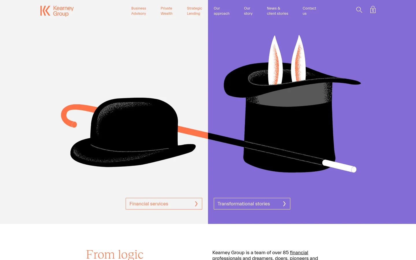 The desktop homepage features a split-screen hero section with a light grey left side and a purple right side, separated by a large illustration of a black magician's top hat and a bowler hat with a cane. The navigation menu is at the top, and two large call-to-action buttons, 'Financial services' and 'Transformational stories', sit at the bottom of the hero image. Below the fold, the headline 'From logic to magic' appears in large orange serif text against a white background.