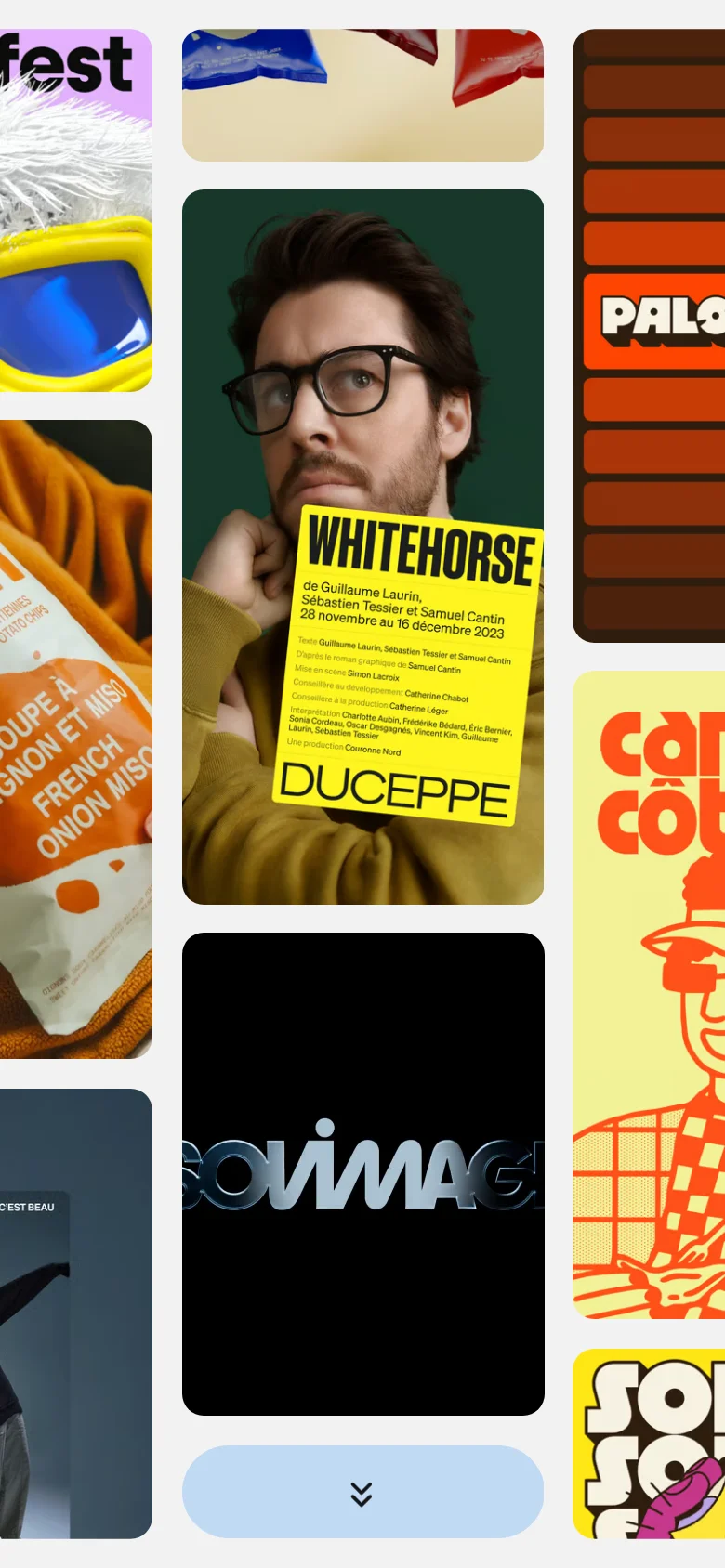 The mobile version presents a vertically stacked, single-column view of the portfolio's colorful graphic tiles and photography. The layout is simplified for scrolling, focusing on large, high-impact imagery and a prominent light blue navigation button at the bottom.