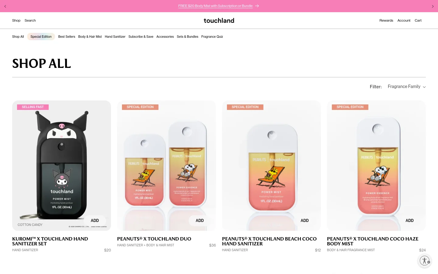 The desktop 'Shop All' collection page features a clean, white layout with a large 'SHOP ALL' heading. A grid of product cards displays various hand sanitizers and mists, including special collaborations like Kuromi and Peanuts, with labels such as 'SELLING FAST' or 'SPECIAL EDITION'. Each card includes a product image, title, category, price, and an 'ADD' button, with a pink promotional banner at the bottom.