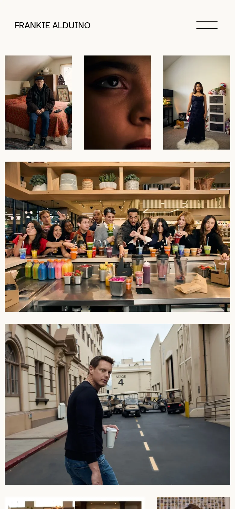 The mobile version maintains the minimalist white aesthetic and centered 'FRANKIE ALDUINO' branding, but uses a hamburger menu icon for navigation. The photographic grid transitions into a single-column vertical scroll, showcasing large, full-width images of people and lifestyle scenes.