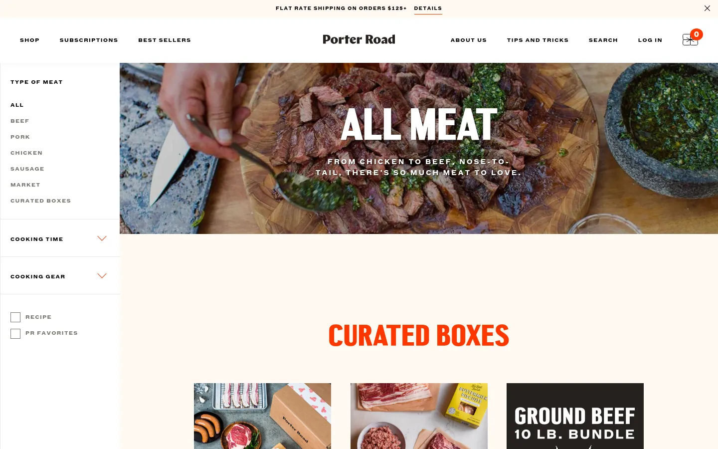The desktop shop page features a large hero image of sliced meat on a wooden board with the headline 'ALL MEAT' in white text. A left-hand sidebar provides navigation for meat types, cooking times, and cooking gear, while the main content area displays a 'CURATED BOXES' section with product imagery. The color palette is warm with earthy tones, wood textures, and red accents.