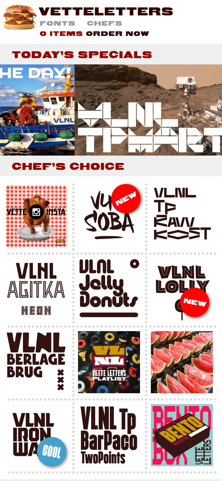 The mobile version presents a simplified, vertically stacked layout. The header contains the logo and a condensed menu with '0 Items Order Now,' while the 'Today's Specials' and 'Chef's Choice' sections transition from wide banners and grids to smaller, stacked rectangular tiles for easier scrolling.