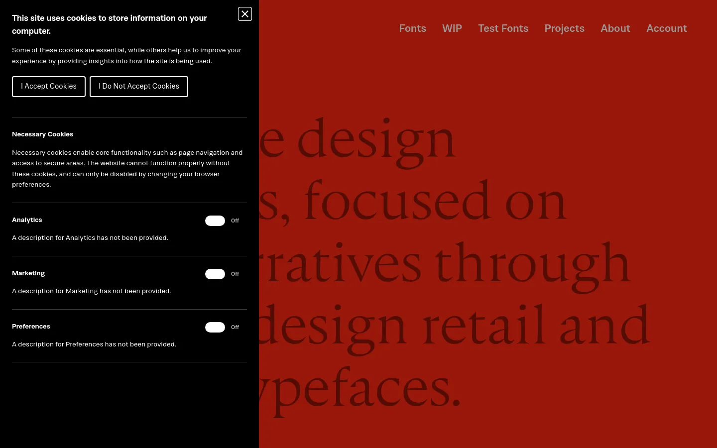 The desktop About page features a bold red background with large, dark red serif typography stating the studio's focus on visual narratives. A black cookie consent overlay covers the left side of the screen, containing text and two outlined buttons. The navigation menu is visible at the top right in a clean, white sans-serif font.