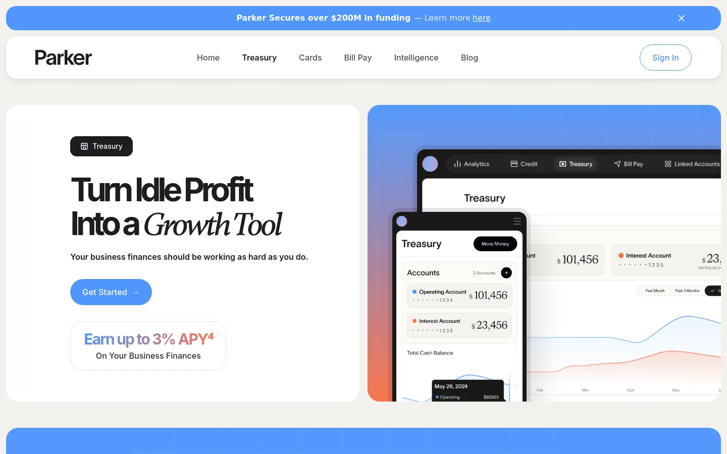 The desktop page features a clean, minimalist layout with a white and light gray background. A hero section displays the headline 'Turn Idle Profit Into a Growth Tool' next to a large graphic showing a desktop and mobile interface of the Parker dashboard. Primary calls to action include a blue 'Get Started' button and a prominent white card highlighting 'Earn up to 3% APY'.